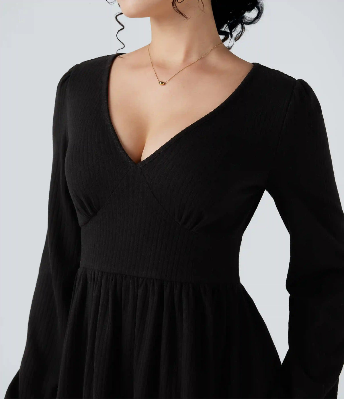 Ribbed Knit V Neck Long Sleeve Ruffle Hem Mini Dress