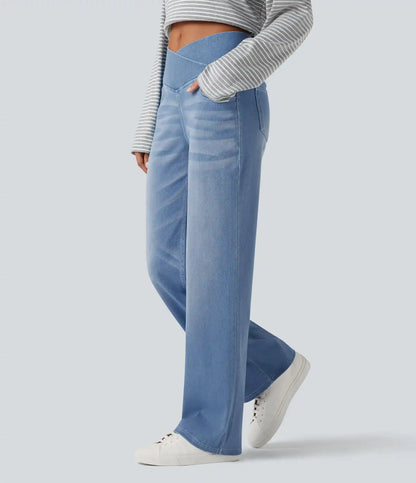 Halara Flex™ Crossover High Waisted Tummy Control Casual Straight Leg Jeans with Pockets