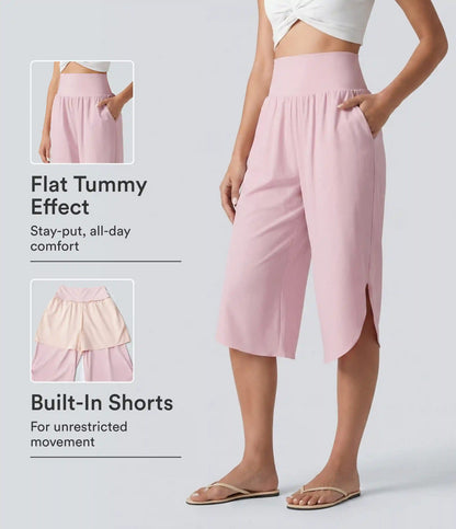 Breezeful™ High Waisted Tummy Control Curved Hem Quick Dry Capri Pants with Pockets