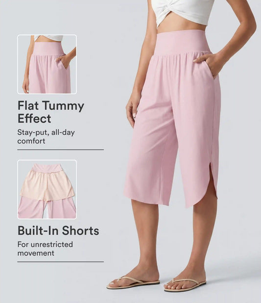 Breezeful™ High Waisted Tummy Control Curved Hem Quick Dry Capri Pants with Pockets