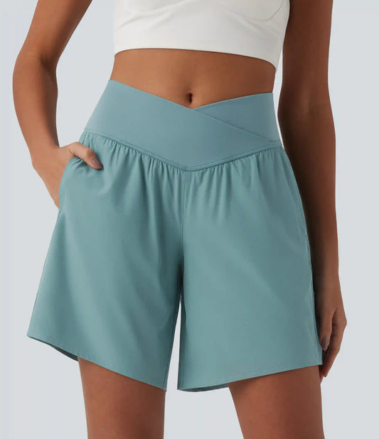 Breezeful™ High Waisted Crossover 2-in-1 Quick Dry Yoga Shorts 7'' with Pockets