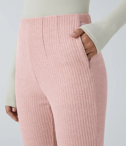 Ribbed Knit High Waisted Side Zipper Pockets Casual Flare Pants