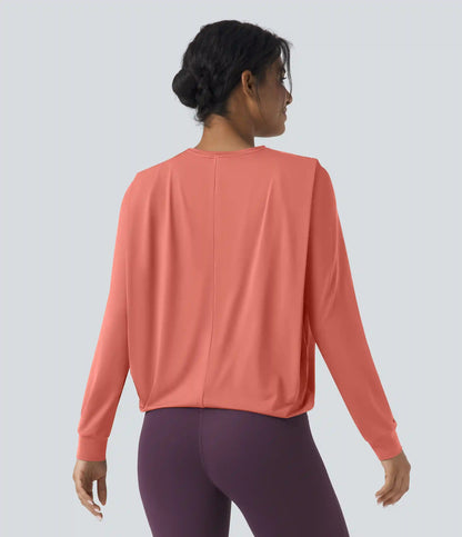 Round Neck Long Sleeve Ruched Yoga Sports Top-UPF50+