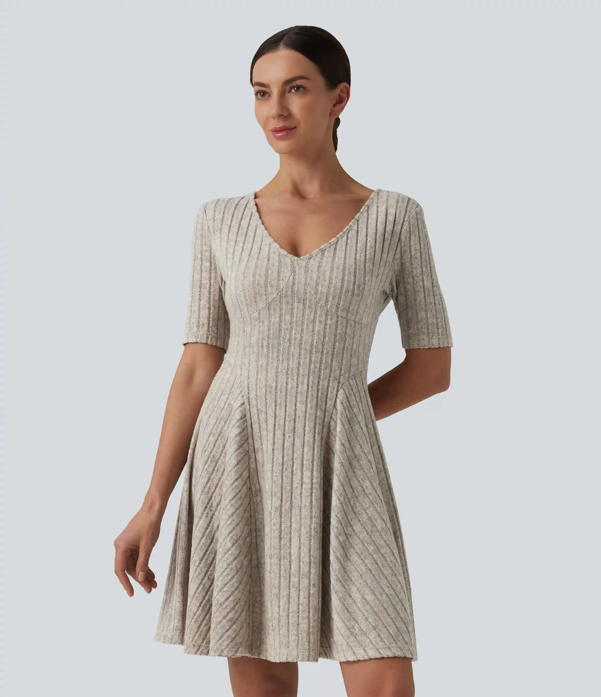 Ribbed Knit V Neck Short Sleeve Flare Mini Casual Dress