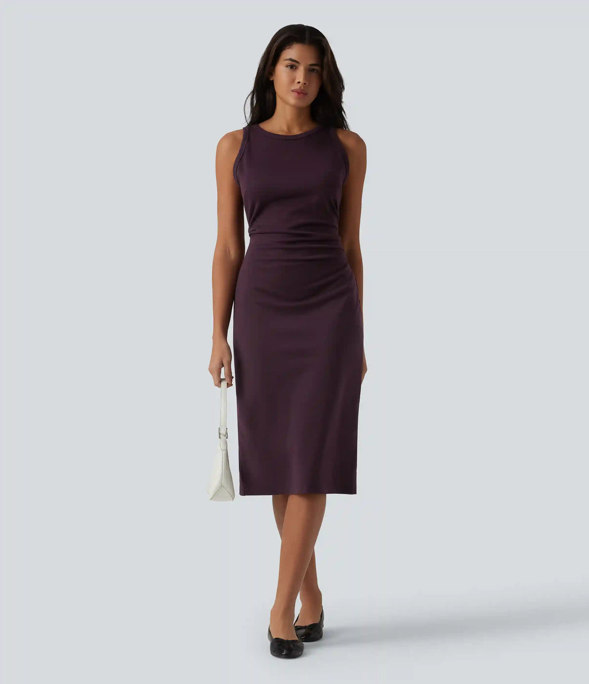 Round Neck Sleeveless Ruched Midi Casual Bodycon Dress