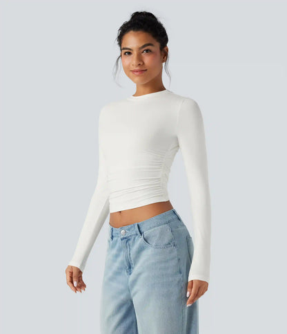 Round Neck Long Sleeve Ruched Casual Top