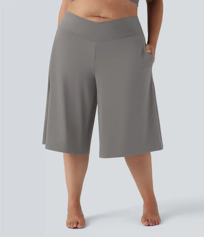 SoftlyZero™ Airy Crossover High Waisted Wide Leg InstantCool Yoga Pedal Pusher Plus Size Pants with Pockets