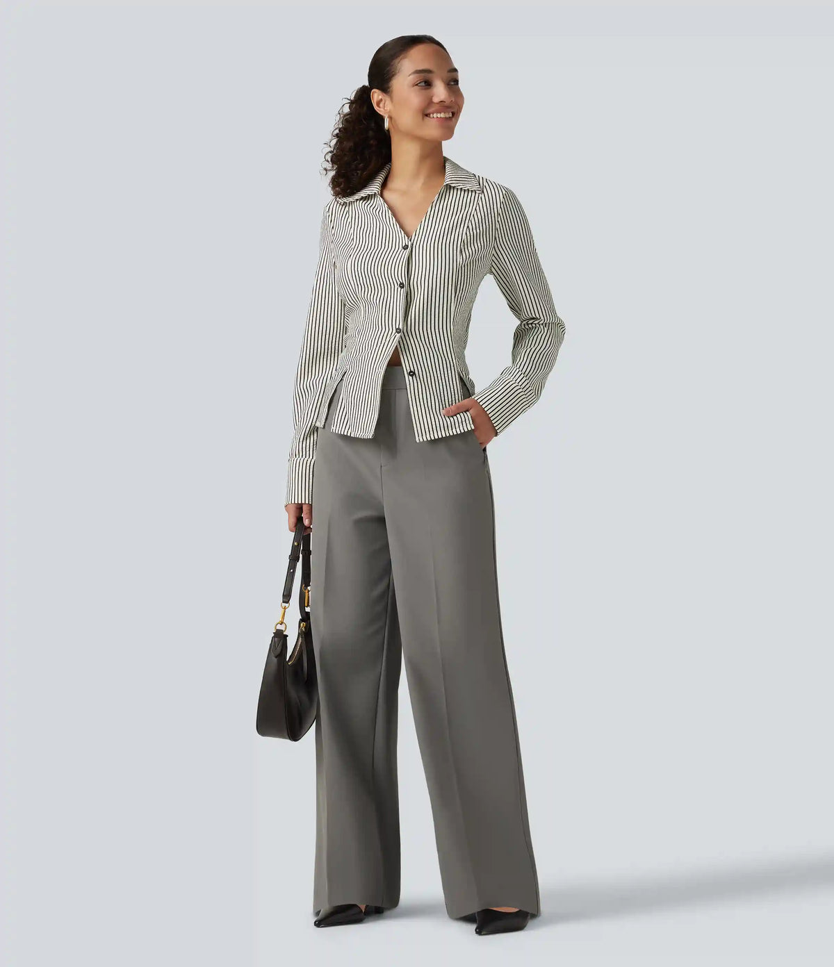 Wrinkle Recovery High Waisted Baggy Work Pants with Pockets