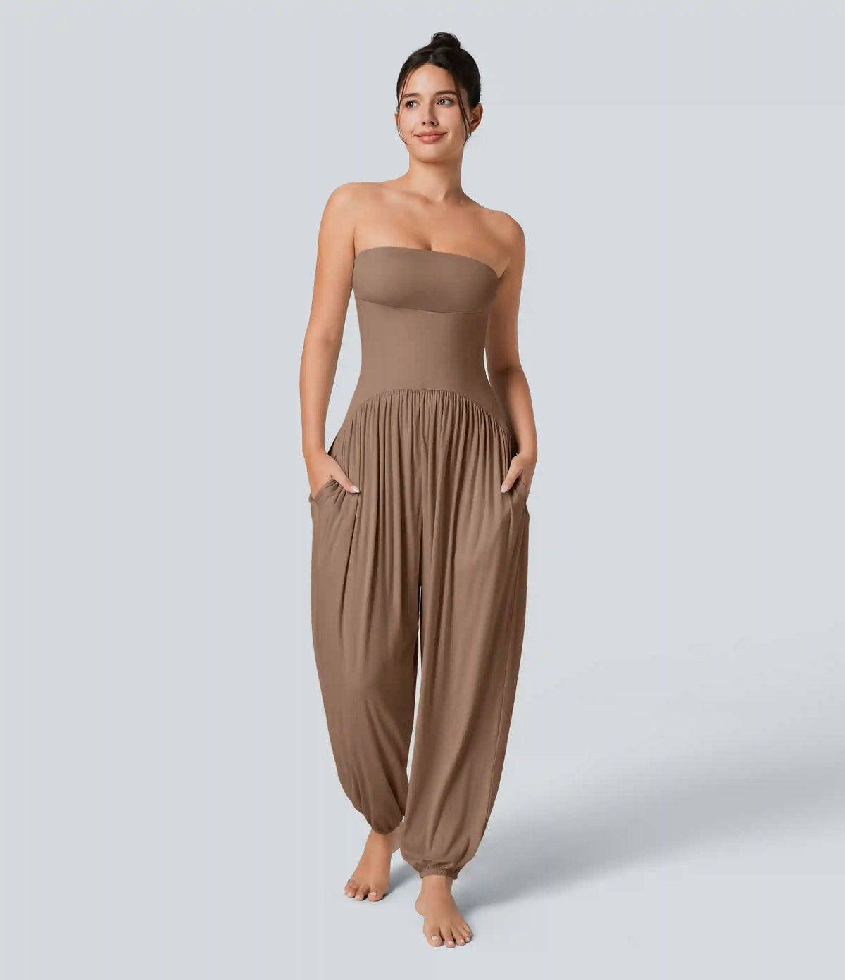 Ribbed Tube Backless Side Pocket Casual Jumpsuit