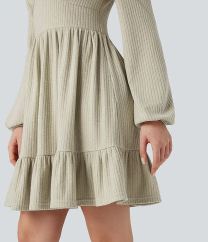Ribbed Knit V Neck Long Sleeve Ruffle Hem Mini Dress