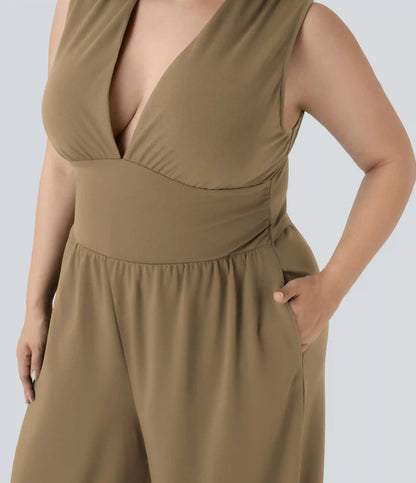 Plus Size V Neck Sleeveless Jumpsuit with Pockets-Easy Peezy Edition
