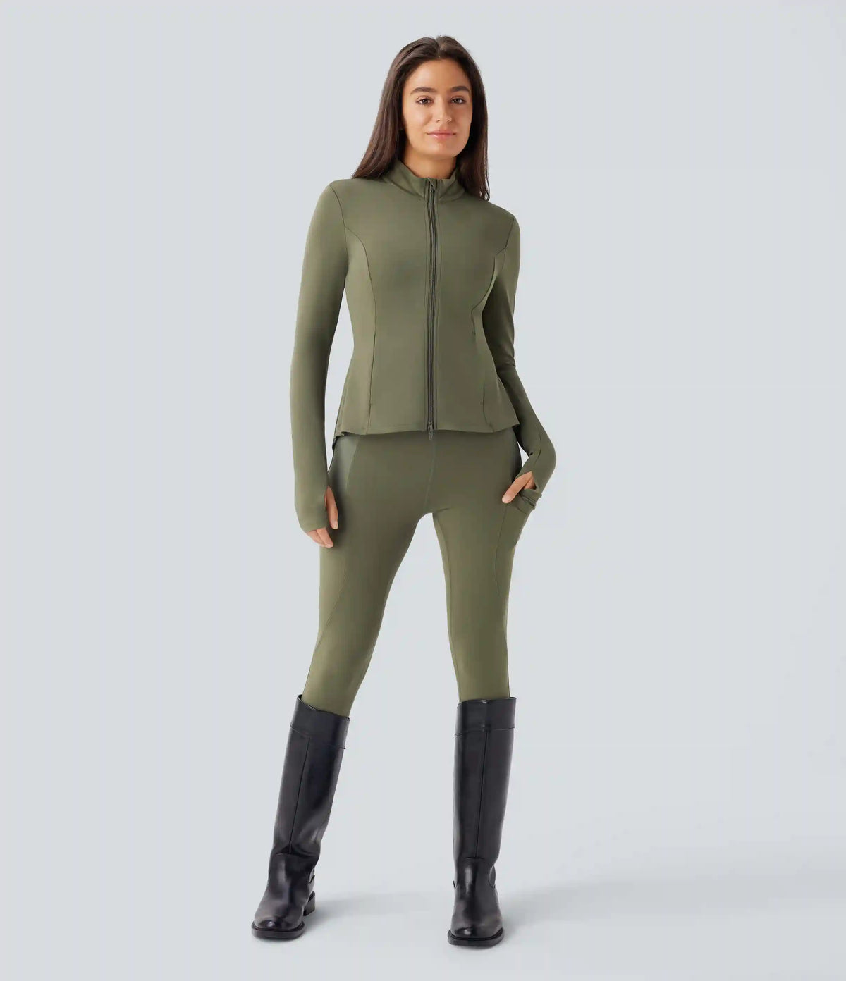 SoftlyZero™ Stand Collar Thumb Hole Pockets Pleated Zipper Slim Jacket
