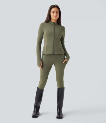 SoftlyZero™ Stand Collar Thumb Hole Pockets Pleated Zipper Slim Jacket