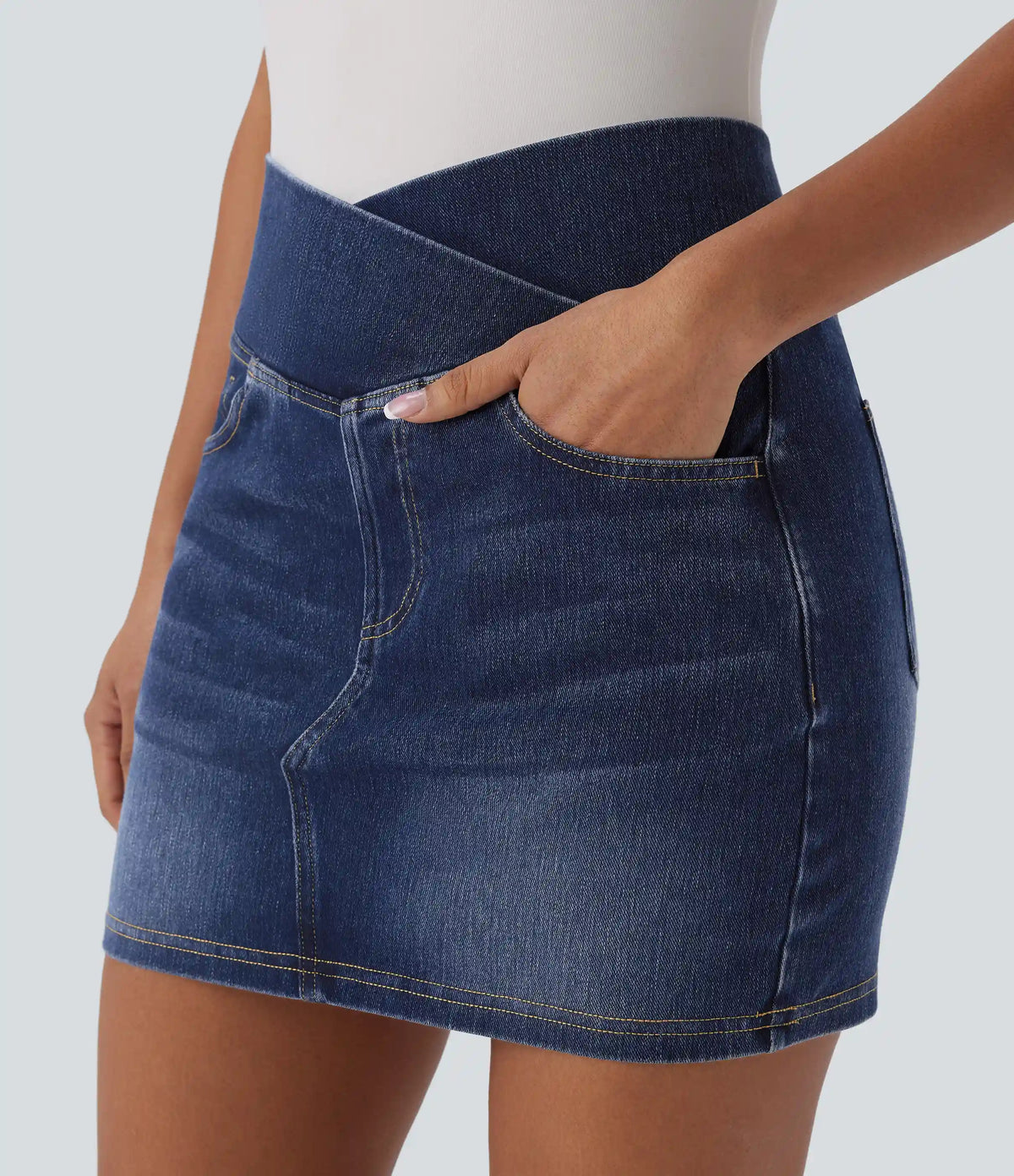 Halara Flex™ Crossover High Waisted Pockets Bodycon Mini Washed Denim Casual Skirt