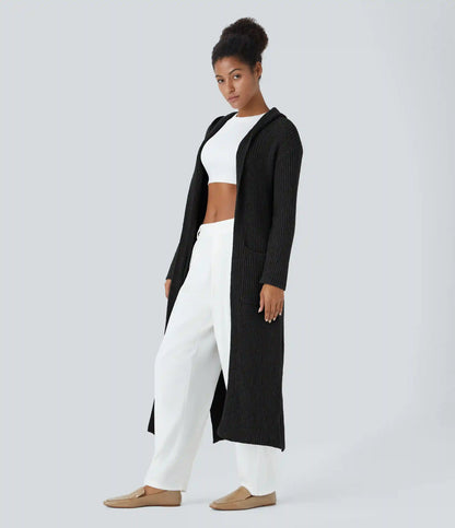Hooded Long Sleeve Pocket Longline Casual Cardigan