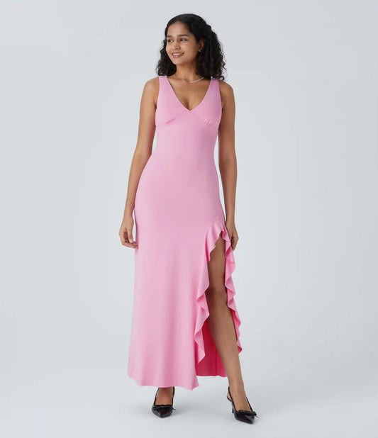 V Neck Sleeveless Asymmetric Ruffle Hem Maxi Dress