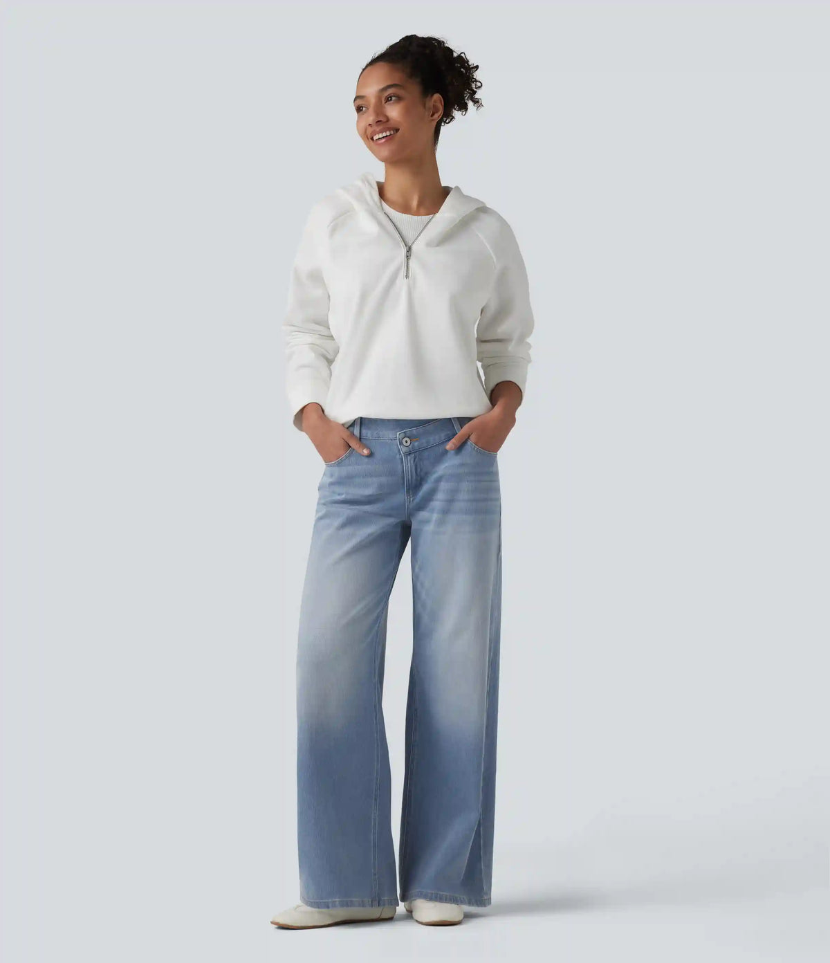 Halara Flex™ Asymmetric Low Rise Zipper Pockets Baggy Wide Leg Washed Casual Jeans