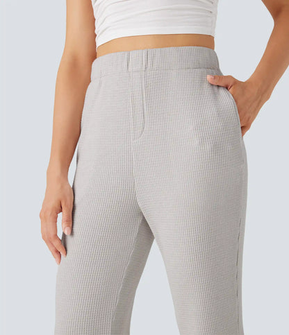 High Waisted Flare Waffle Casual Pants with Pockets