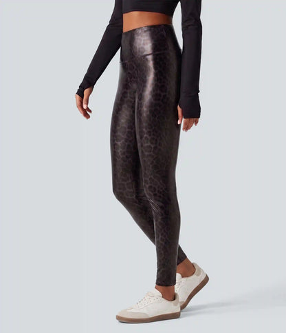 High Waisted Tummy Control Stretchy PU Leopard Print Skinny Casual Leggings with Pockets