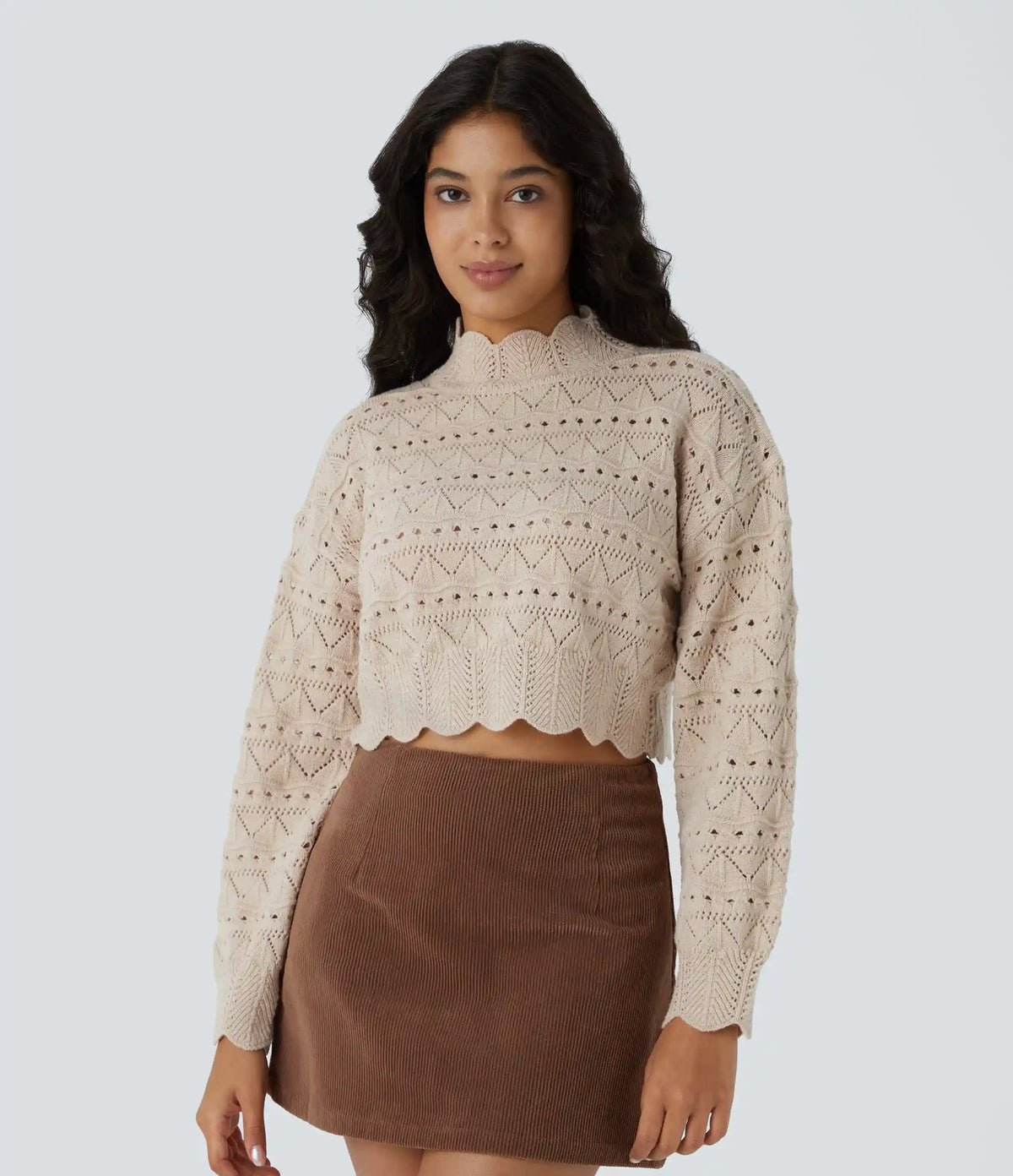 Mock Neck Bishop Sleeve Scallop Hem Open Knit Casual Sweater