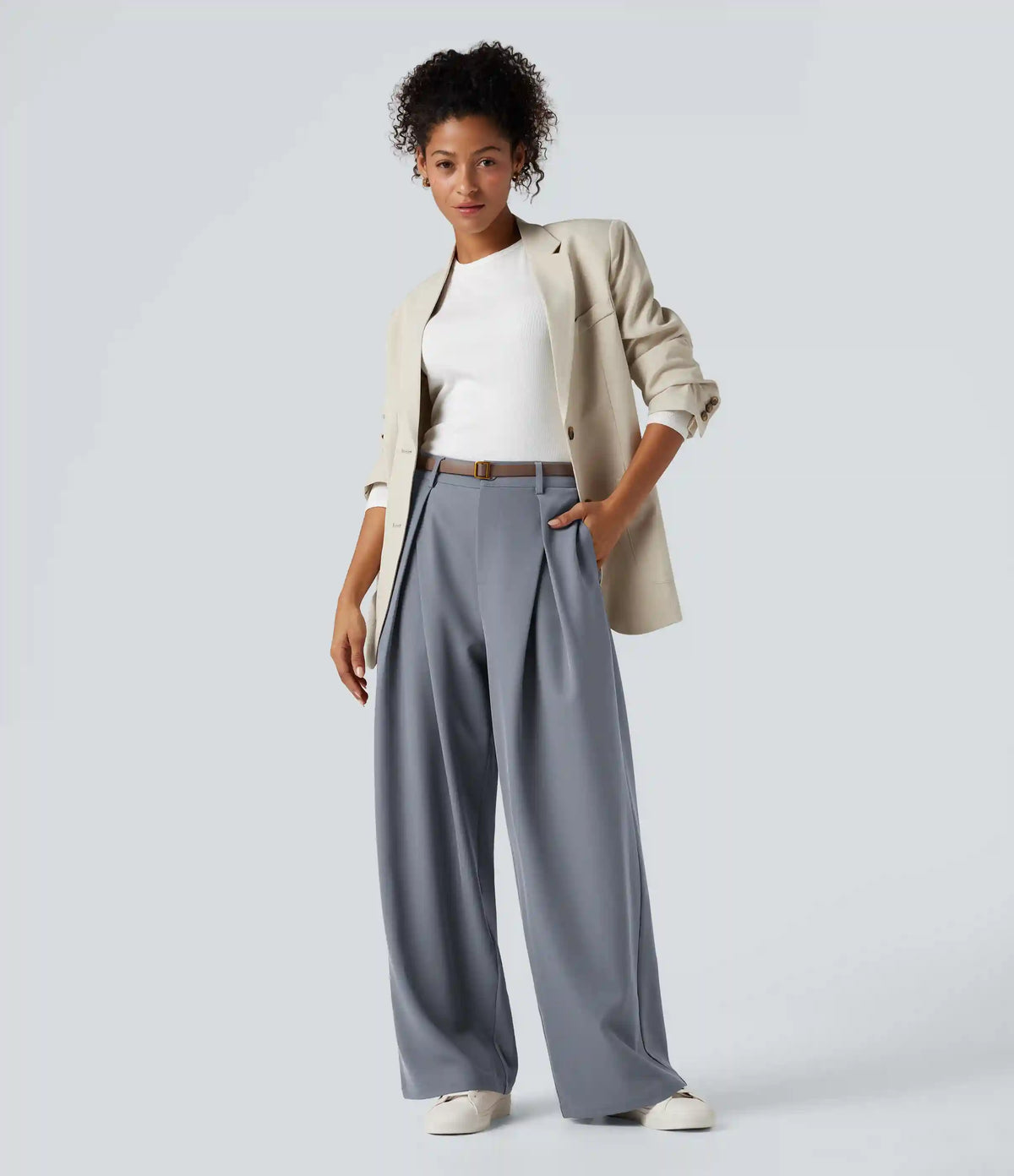 High-waisted Work Wide-leg Pants with Pockets