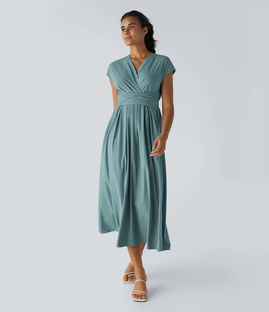 Breezeful™ V Neck Short Sleeve Pocket Tie Back Quick Dry Midi Casual Dress-Longer Length