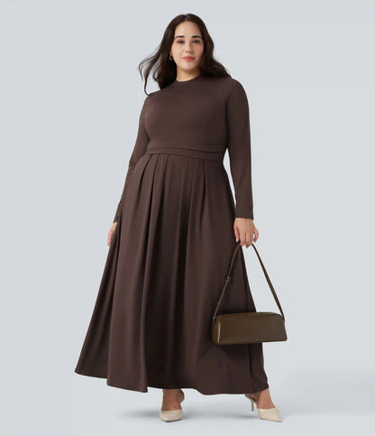 Mock-neck Long Sleeve Flare Maxi Casual Plus Size Dress with Pockets