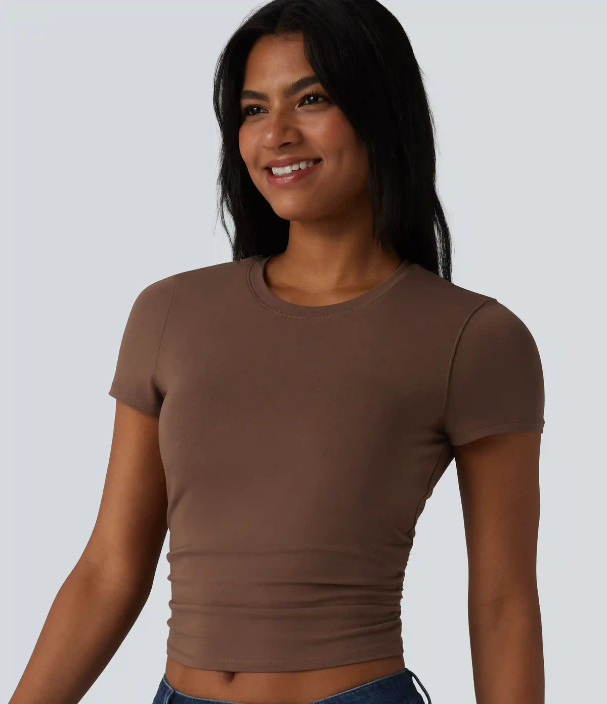 Halara Cotton Jersey Round Neck Short Sleeve Ruched Built-in Bra Casual T-Shirt