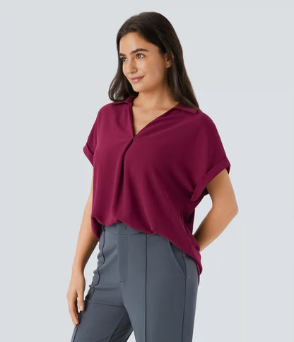 V Neck Short Sleeve Curved Hem Work Shirt