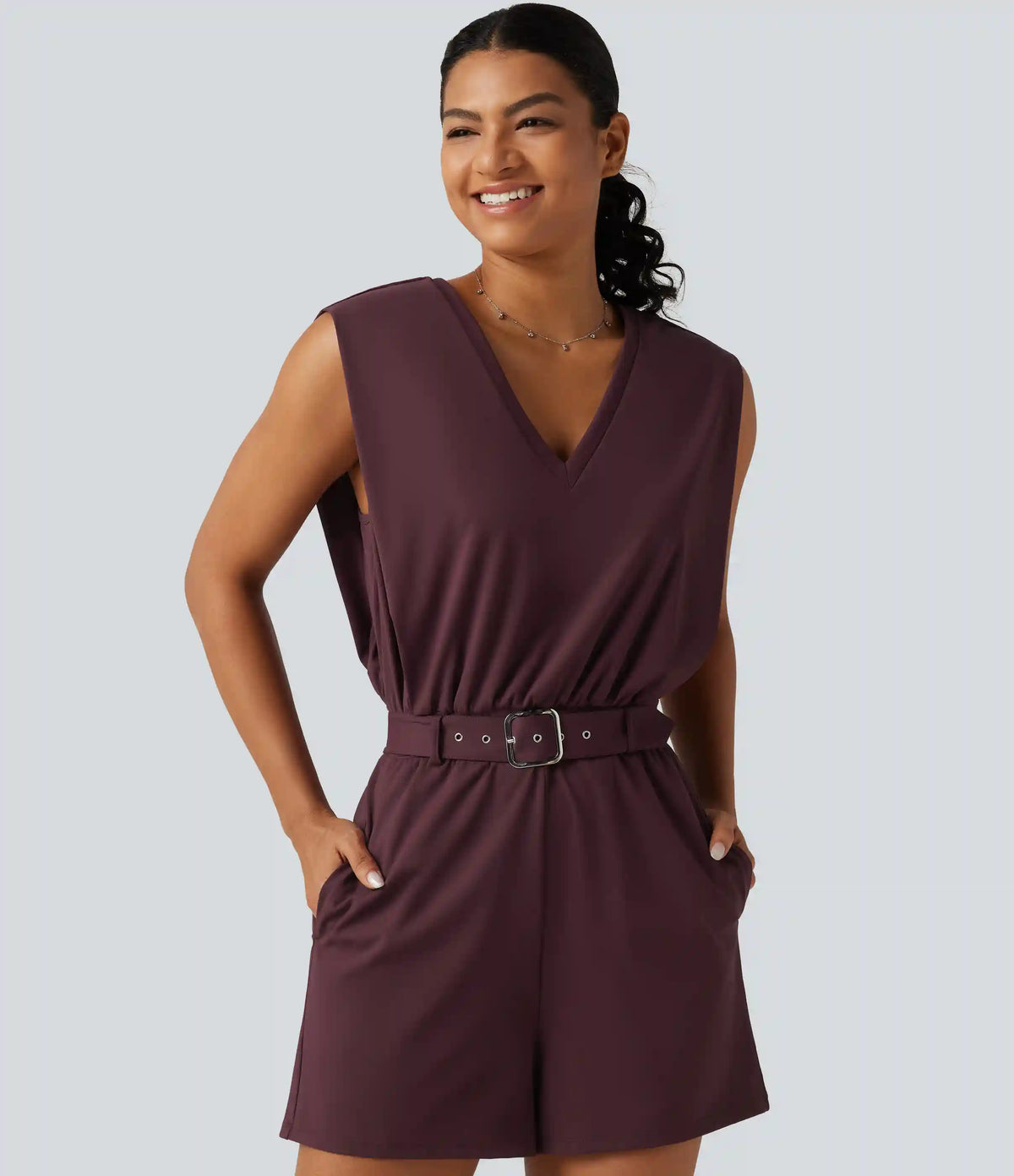 SoftlyZero™ Airy V Neck Sleeveless Belted InstantCool Casual Romper with Pockets-Easy Peezy Edition