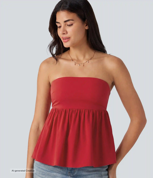 Breezeful™ Shirred Ruffle Hem Quick Dry Casual Babydoll Tube Top