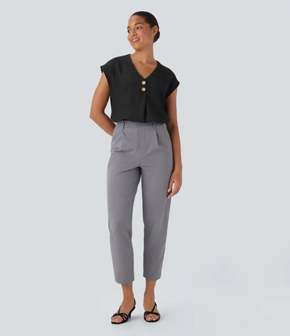 V Neck Cap Sleeve Decorative Work Blouse