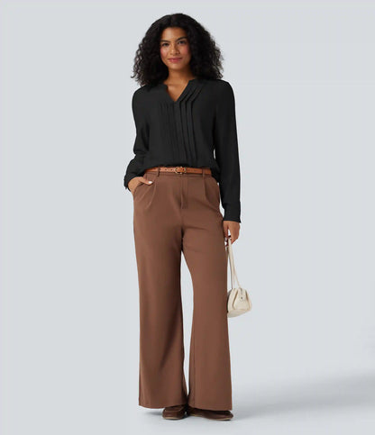 V-neck Long Sleeve Pleated Relaxed Fit Work Blouse