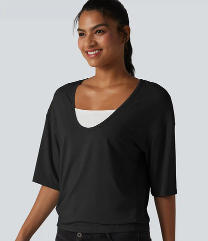 Scoop Neck Half Sleeve Color Block Casual Top