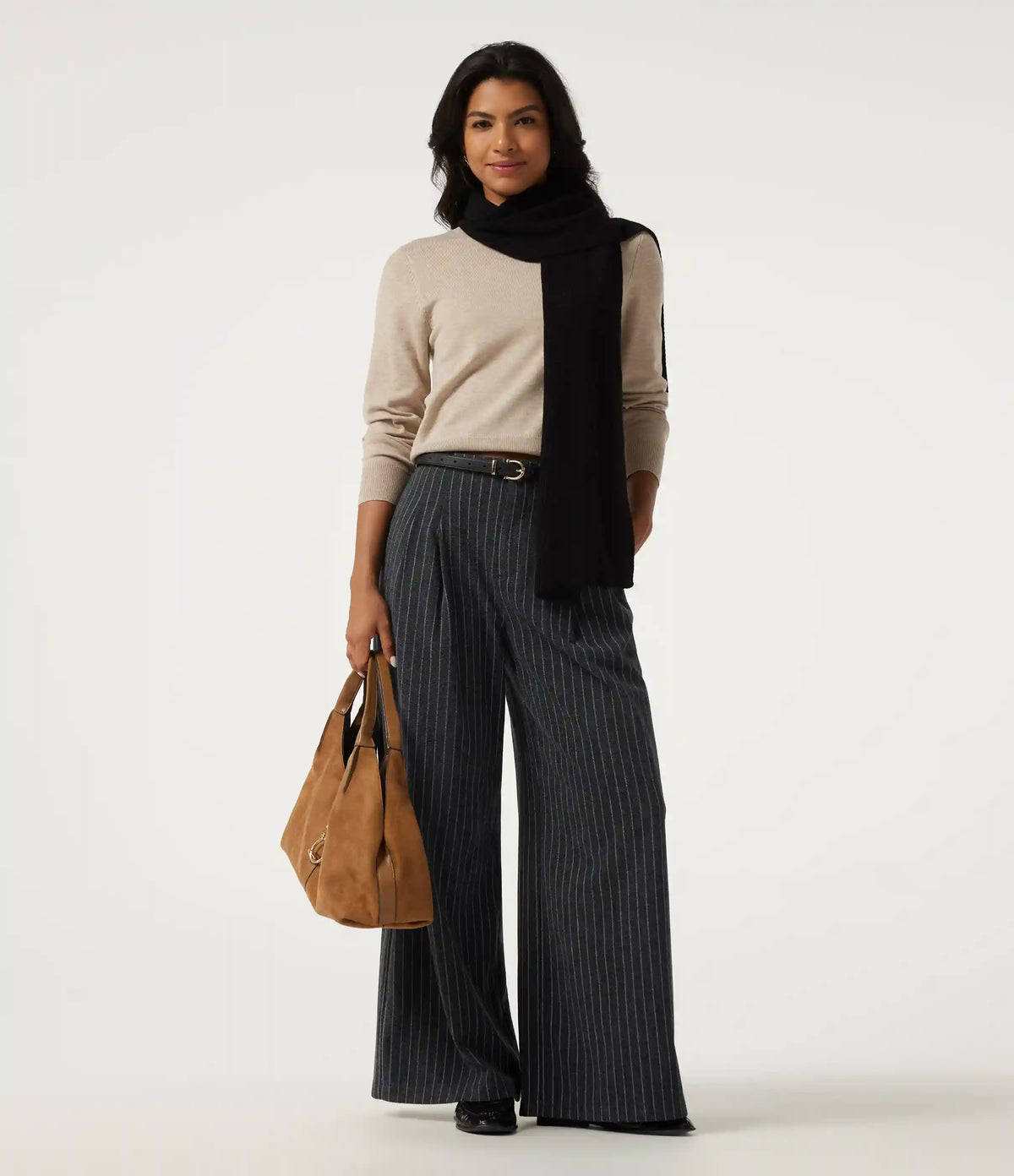 High Waisted Wide Leg Stripe Fleece Work Pants with Pockets