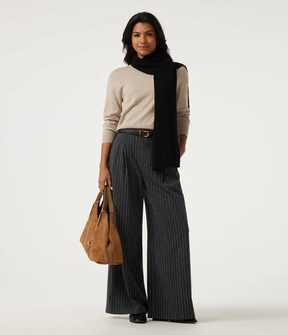 High Waisted Wide Leg Stripe Fleece Work Pants with Pockets