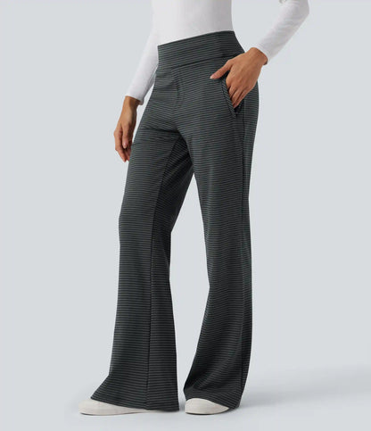 Mid Rise Stripes Work Flare Pants with Zip Pockets