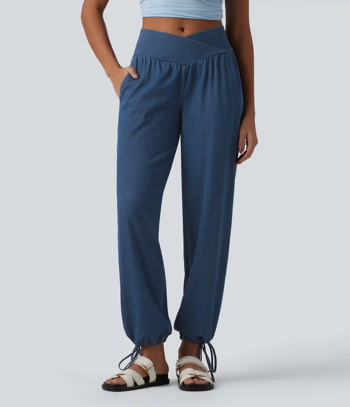 Halara Flex™ Mid Rise Crossover Drawstring Denim Casual Joggers with Pockets