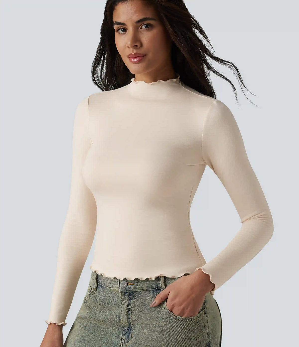 Halara HeatCore Mock-neck Long Sleeve Lettuce Trim Casual Warming Top