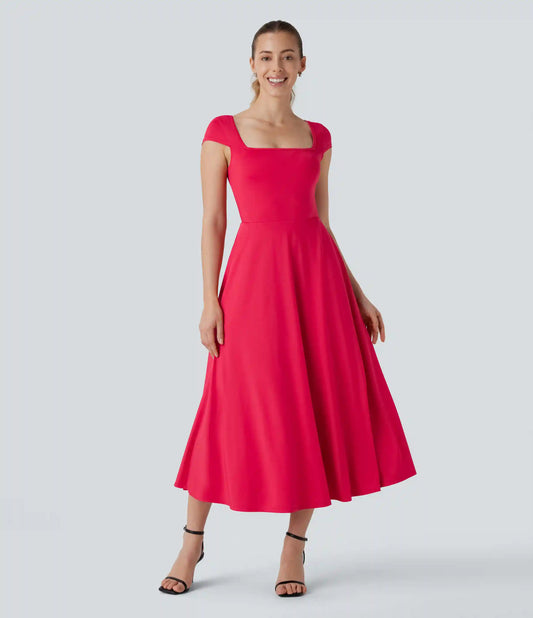 Square Neck Short Sleeve Pocket Flowy Midi Casual Dress
