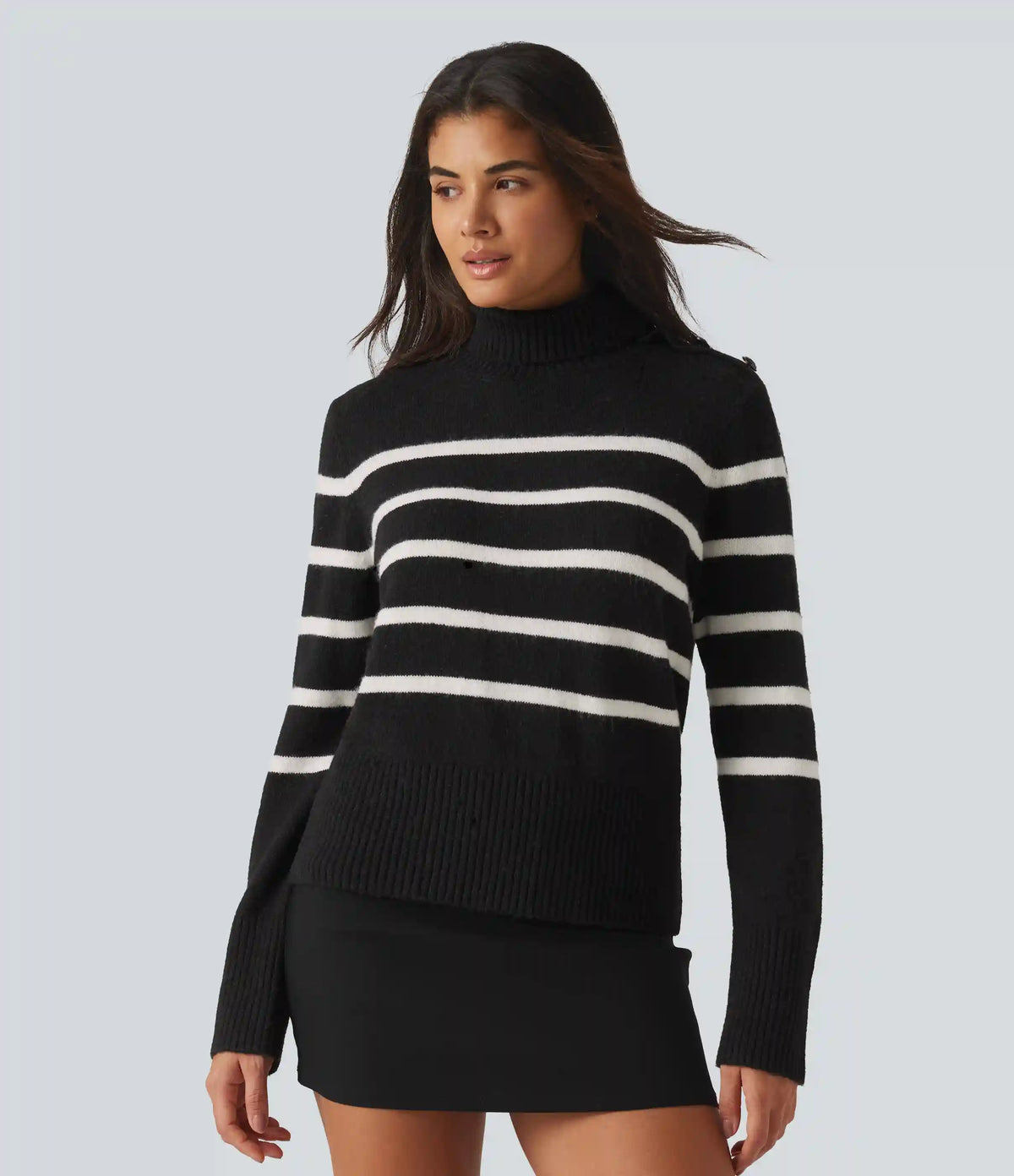 High Neck Long Sleeve Stripe Work Sweater