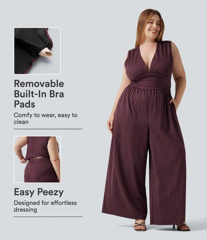 Plus Size Deep V Neck Built-in Bra Sleeveless Ruched Cool Touch Stripe Work Jumpsuit with Pockets-Easy Peezy Edition