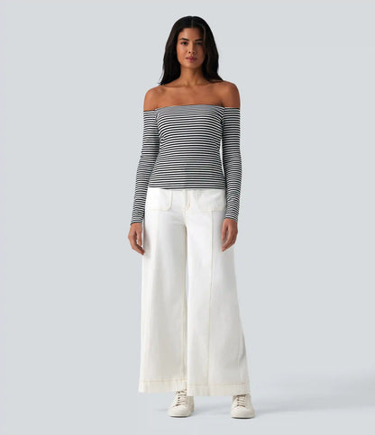 Ribbed Knit Off Shoulder Long Sleeve Stripe Built-in Bra Casual Top