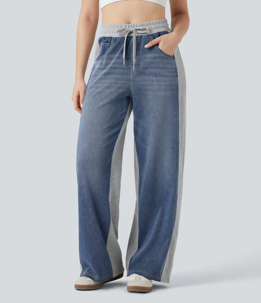 Halara Flex™ High-waisted Drawstring Color Block Casual Wide-leg Sweatpants Jeans with Pockets
