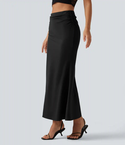 Tummy Control High Waisted 2-in-1 Ruched Casual Midi Mermaid Skirt