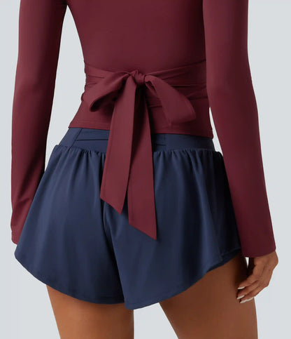 V Neck Long Sleeve Ruched Tie Back InstantCool Yoga Sports Top-UPF50+