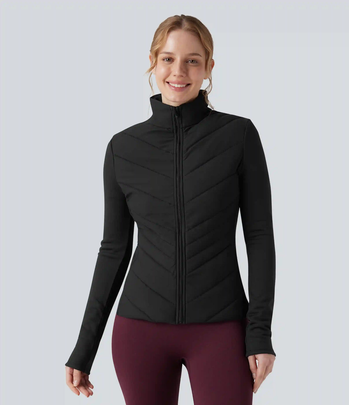 PuffFlex Stand Collar Zipper Long Sleeve Running Quilted Jacket with Pockets