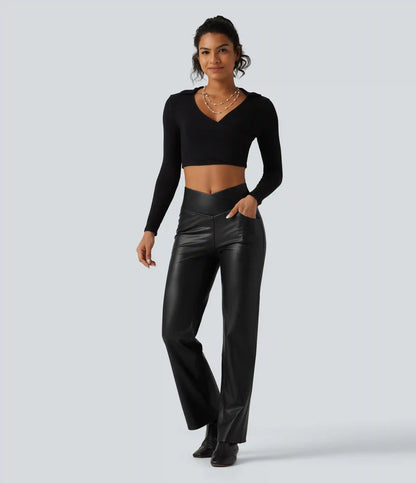 High Waisted Crossover Tummy Control Straight Leg Stretchy PU Fleece Casual Pants with Pockets