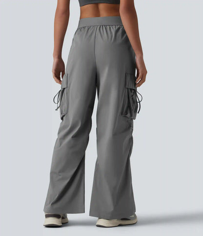 Mid Rise Ruched Tie Workout Cargo Bootcut Pants with Pockets