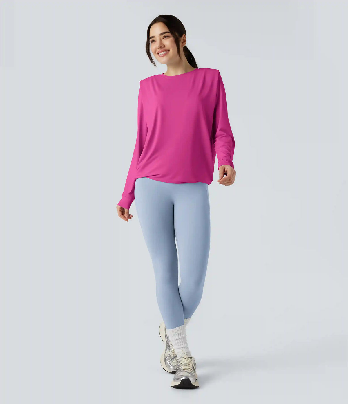 Round Neck Long Sleeve Ruched Yoga Sports Top-UPF50+